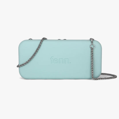 Fenn Wallet in aqua silicone, featuring a silver chain strap and subtle embossed logo, viewed from the front.