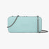 Fenn Wallet in aqua silicone, featuring a silver chain strap and subtle embossed logo, viewed from the front.