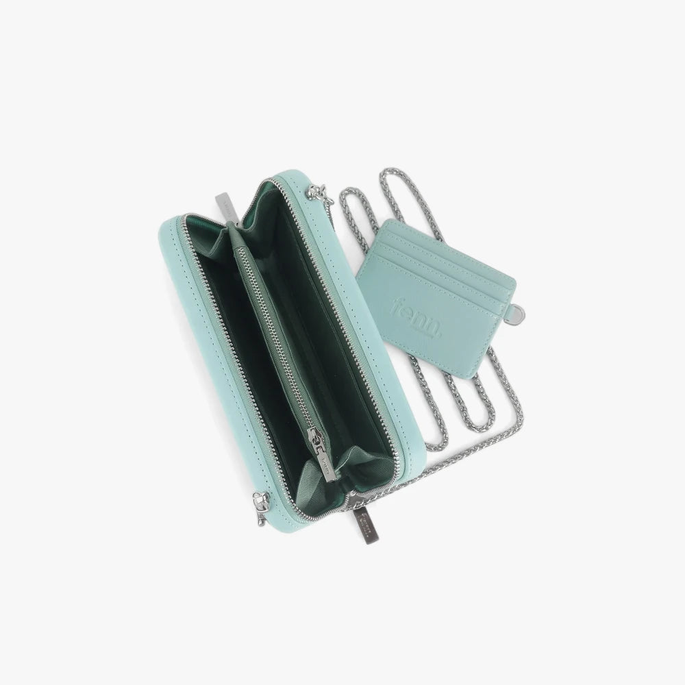 Aqua vegan leather Fenn wallet, shown open with inner compartments, and matching card holder with a silver chain.