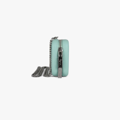 Aqua Fenn wallet with a silver zipper and chain, shown from a side view. This compact accessory features prominent silver