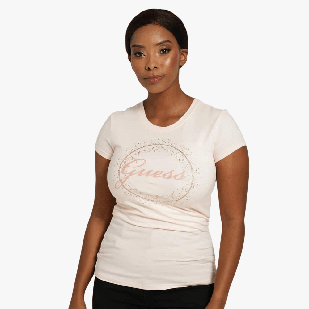 Guess Womens Glitter Short Sleeve Tee Pink