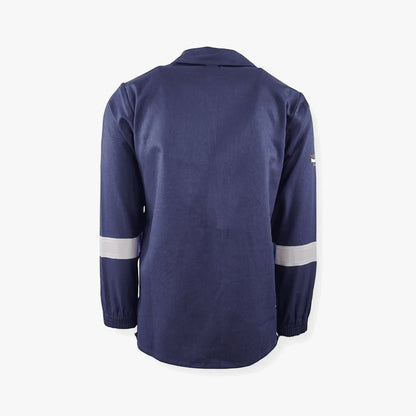Navy blue Fmt D59 flame and acid jacket, rear view, featuring long sleeves with reflective stripes and elastic cuffs.