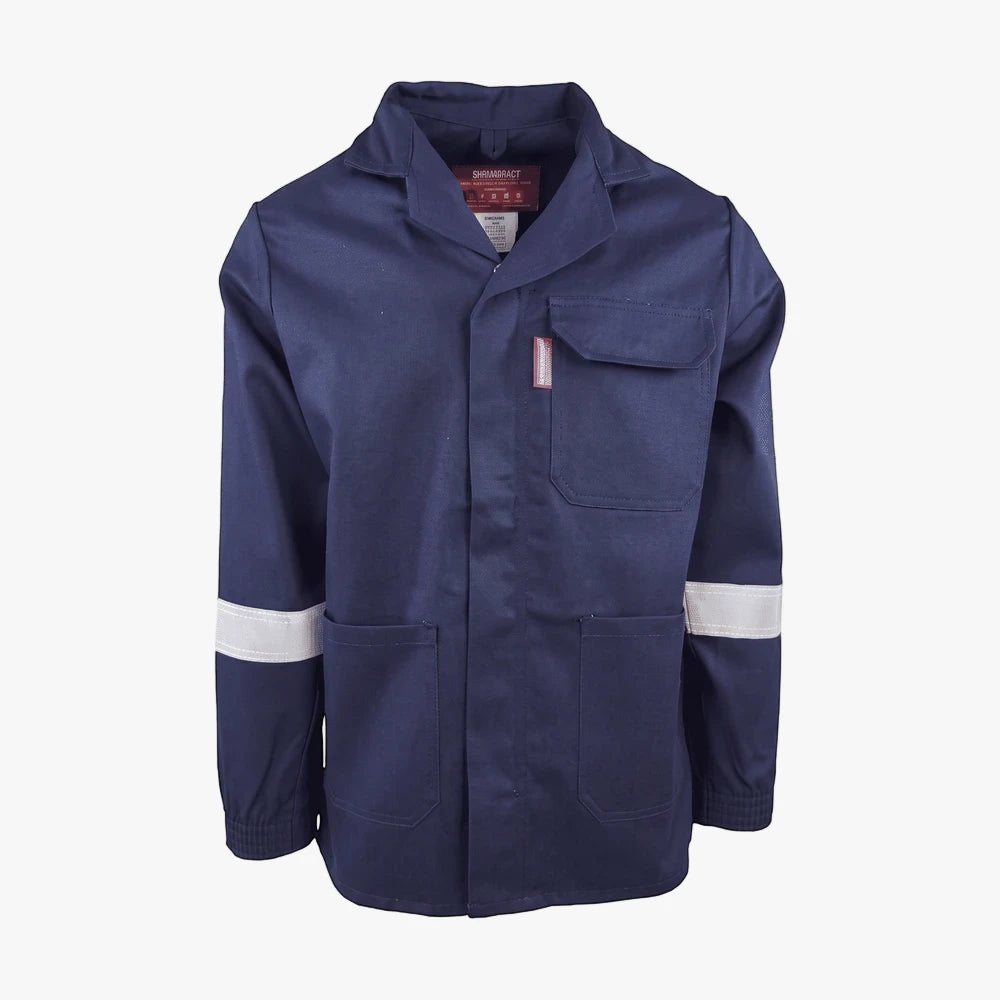 Fmt D59 navy flame and acid resistant jacket, shown from the front, featuring reflective strips on sleeves and multiple