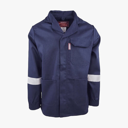 Fmt D59 navy flame and acid resistant jacket, shown from the front, featuring reflective strips on sleeves and multiple