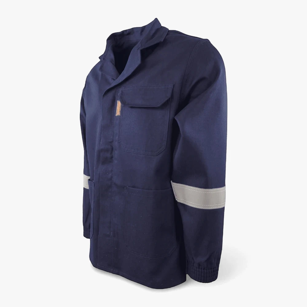 A navy Fmt D59 flame and acid resistant work jacket with reflective stripes, viewed from the side.