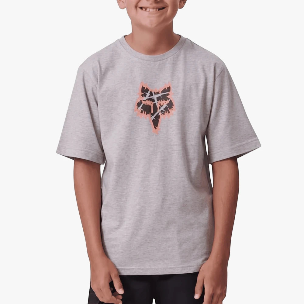 Light grey heather Fox Boys Barbed Short Sleeve Tee featuring a distinctive black and orange barbed wire fox head logo on