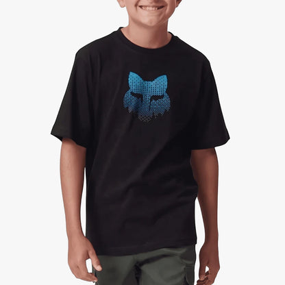 Black Fox Boys Blur short sleeve tee with a blue pixelated fox head logo on the chest, worn by a boy.