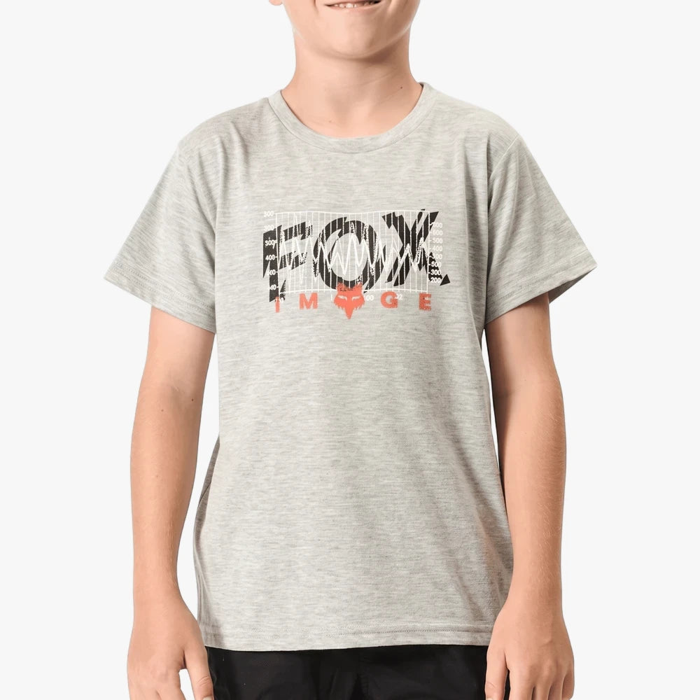 Fox Boys Energy Short Sleeve Tee in heather dirt, featuring a large black and red &