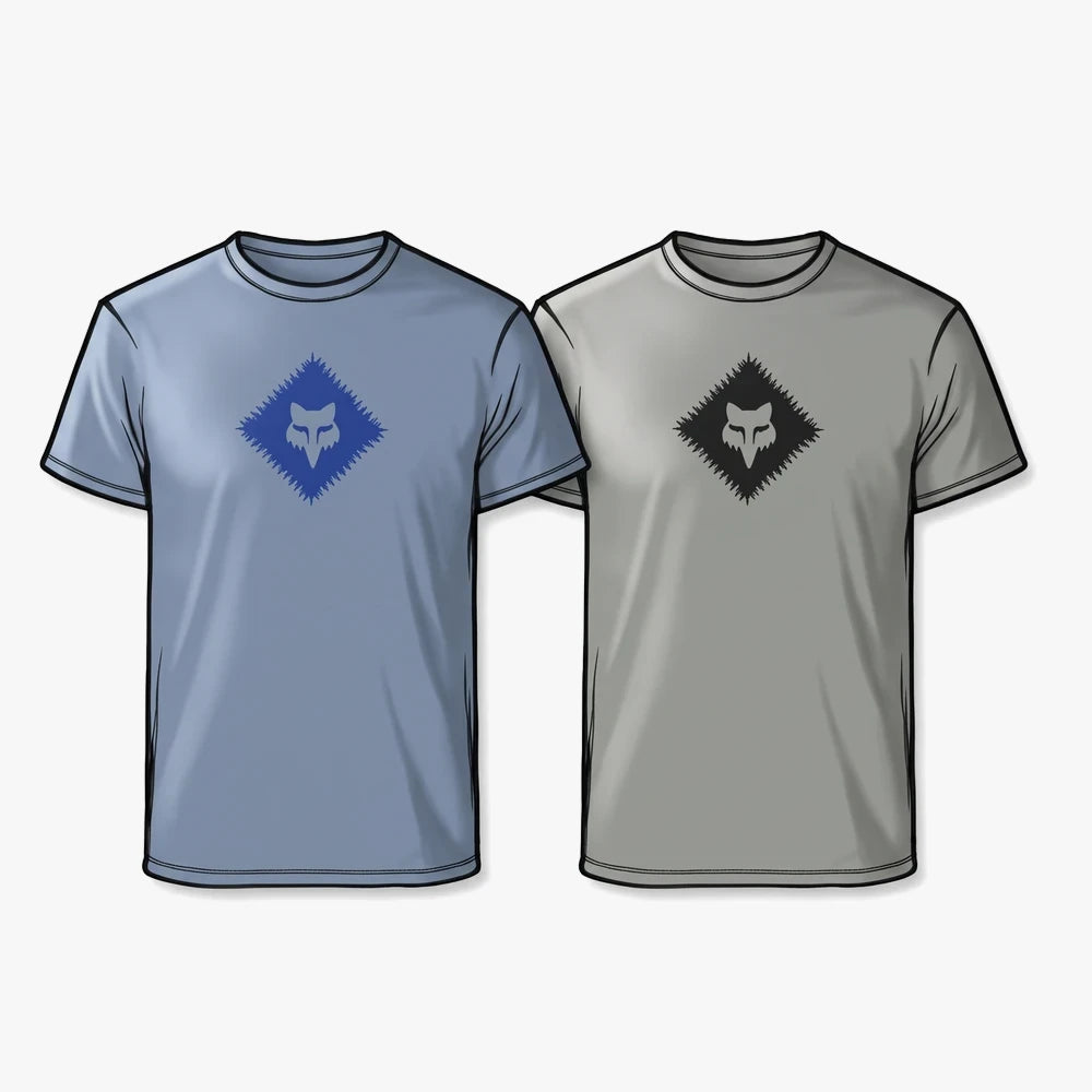 Two Fox Boys Leo short sleeve tees displayed side-by-side, one in blue with a blue fox head logo and one in grey with a