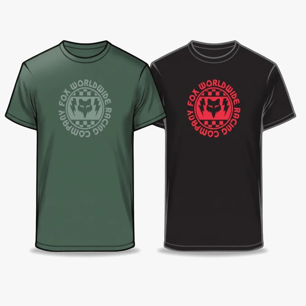 Two Fox Boys Level short sleeve tees, one dark green with a grey logo and one black with a red logo, displayed side by side.