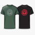 Two Fox Boys Level short sleeve tees, one dark green with a grey logo and one black with a red logo, displayed side by side.