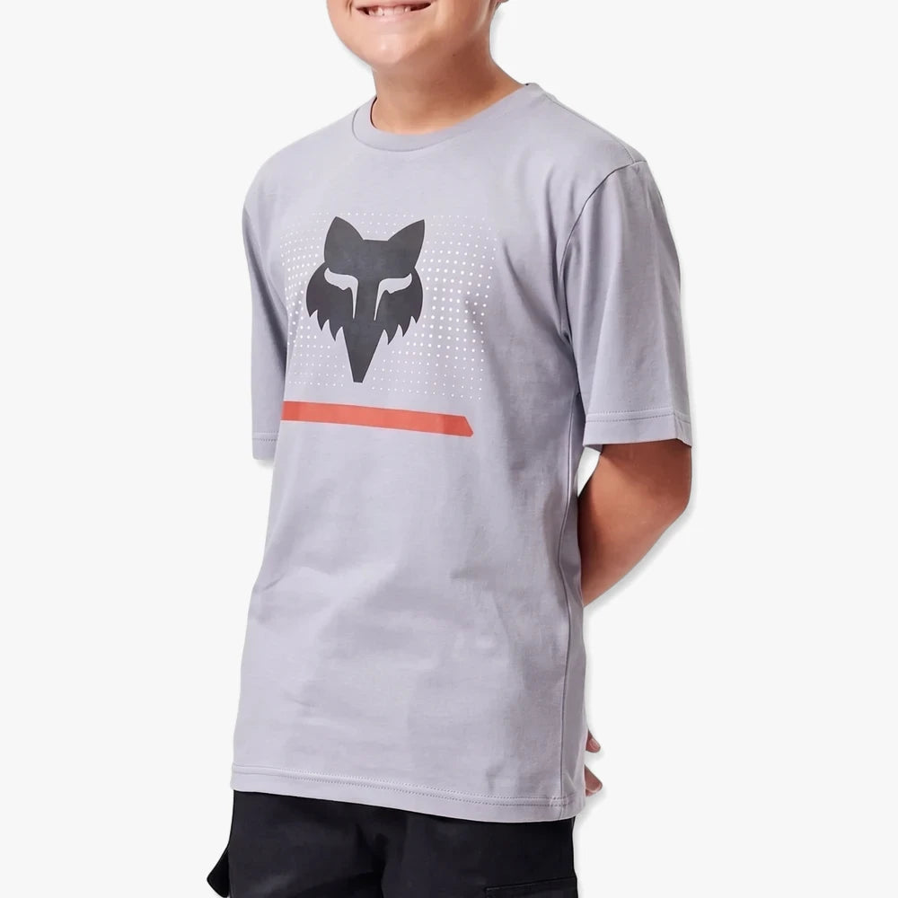 Fox Boys Optical Illusion Short Sleeve Tee in Tradewinds Grey, featuring a graphic design, photographed from the front.