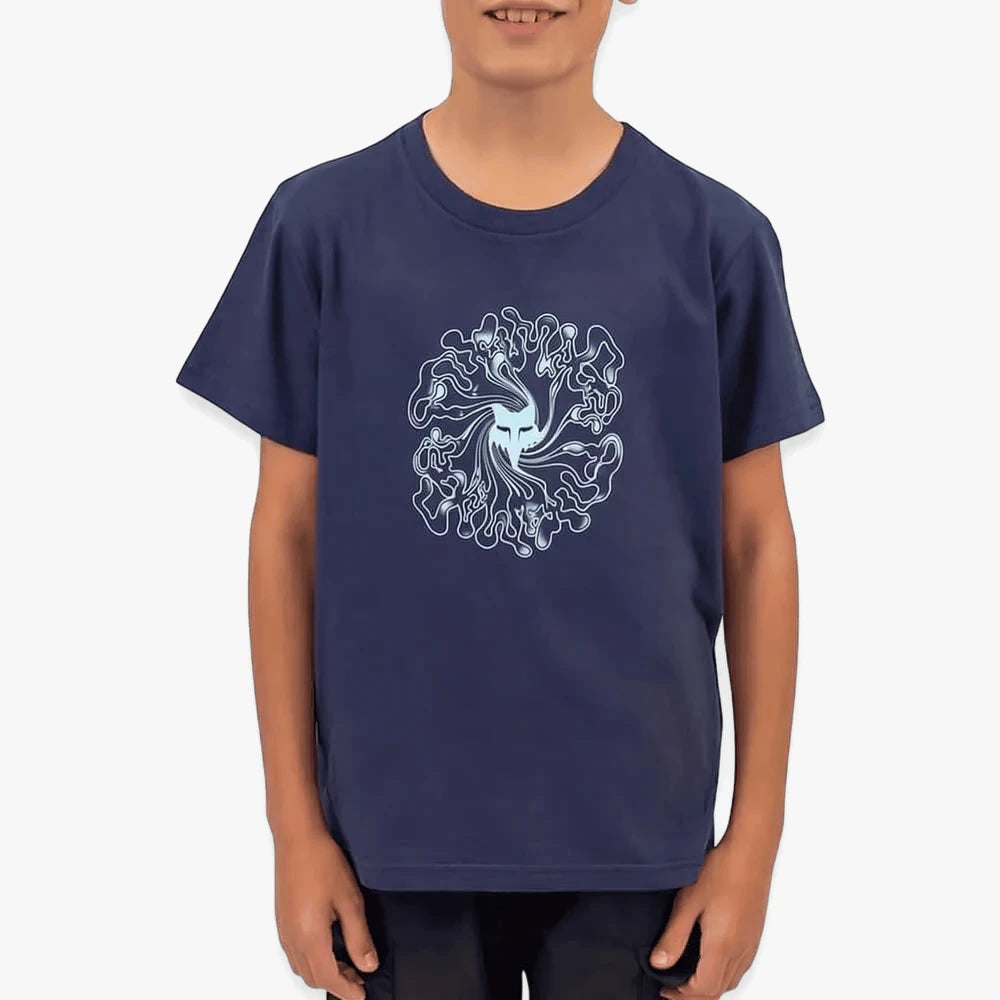 Navy Fox Boys Smky Short Sleeve Tee featuring a light blue abstract fox design on the front, worn by a child.