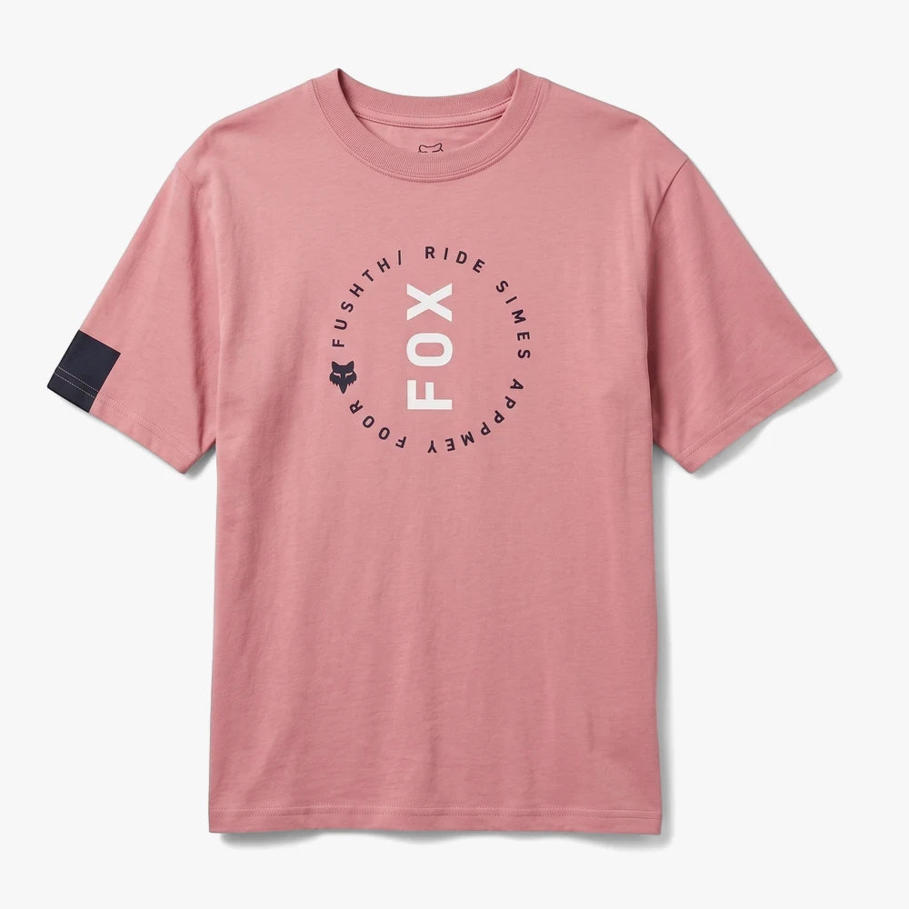 Pink Fox Girls Official Short Sleeve Tee with a circular Fox logo on the front, featuring a dark blue band on the left