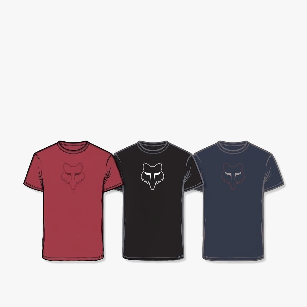 Three Fox Mens Alfresco Short Sleeve Tees in red, black, and navy, each featuring a distinct Fox head logo.