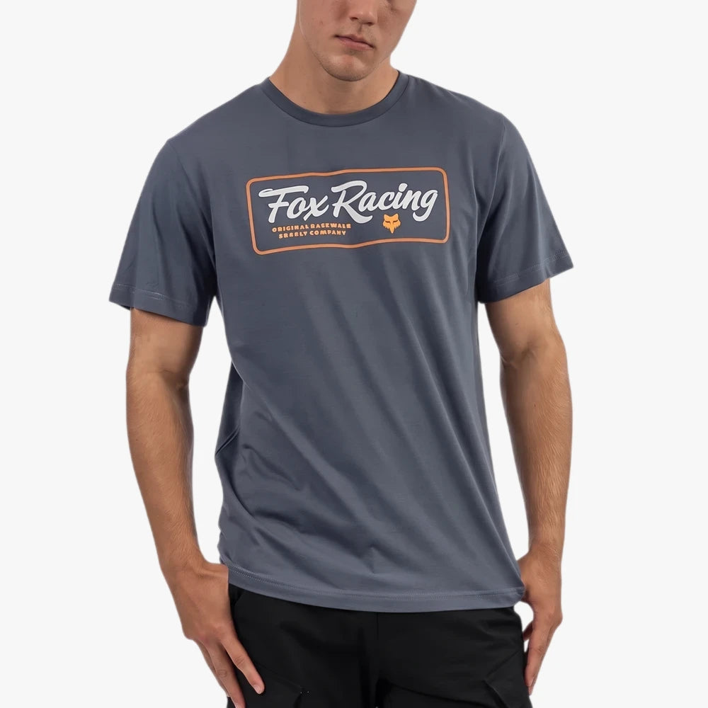 Fox Mens Fuel Short Sleeve Tee in granite grey, featuring a white and orange Fox Racing logo on the chest.