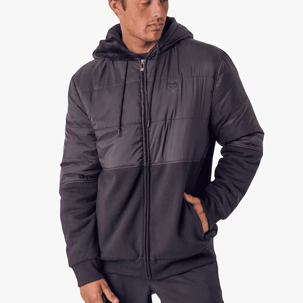 Black Fox Mens Howell Sasquatch Zip Hoody, a two-tone quilted and fleece jacket with a fur-lined hood, worn by a man.