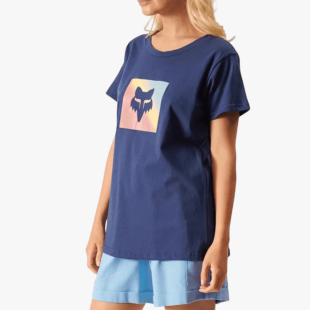 Navy Fox Womens Rainbow Short Sleeve Tee, worn by a woman with light blue shorts, shown in a front view.