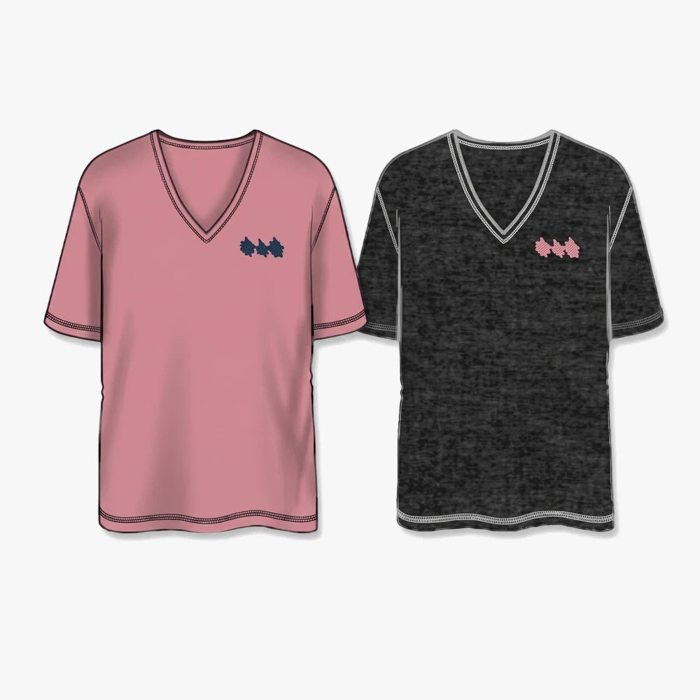 Fox Womens Wayfaring short sleeve V-neck tee in pink and dark grey, featuring embroidered chest designs.