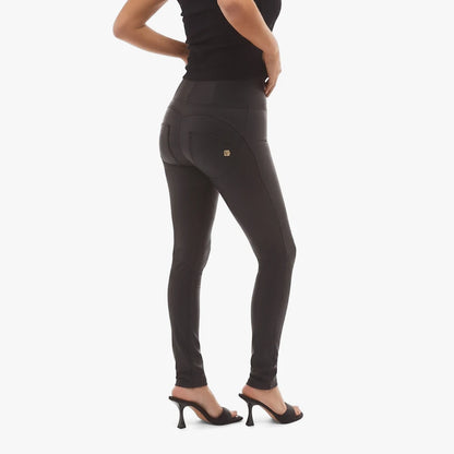 Freddy Womens Wr.Up faux leather high waist full length black leggings, shown from the side on a model.