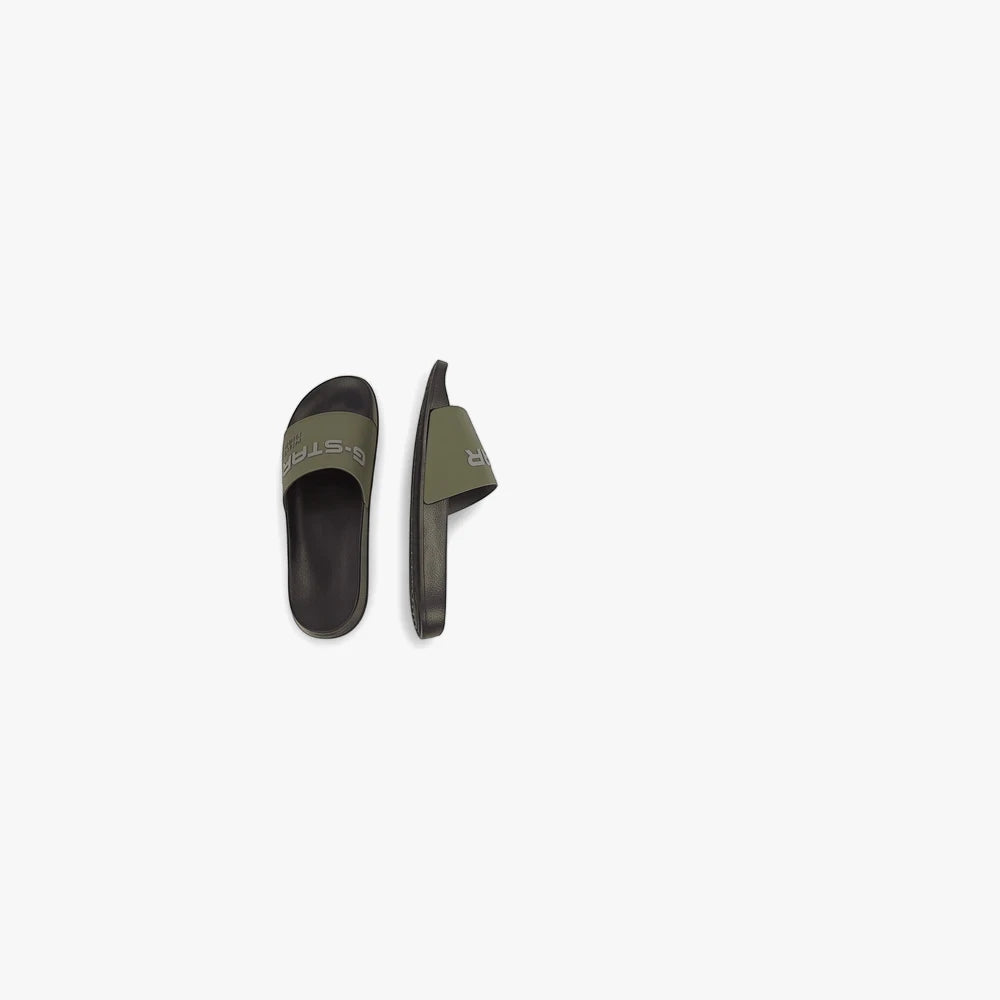 Two G-Star Mens Cart Slide sandals in black olive, showing the branded strap and dark sole from an overhead view.