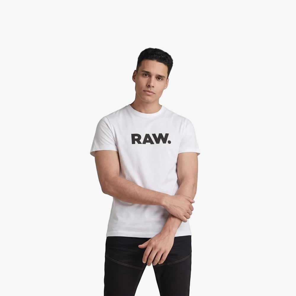 A male model wears a white G-Star Holorn short sleeve tee with a black &