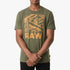 G Star Mens Raw Construction Short Sleeve Tee in sage green, featuring an orange architectural RAW graphic print, worn by a