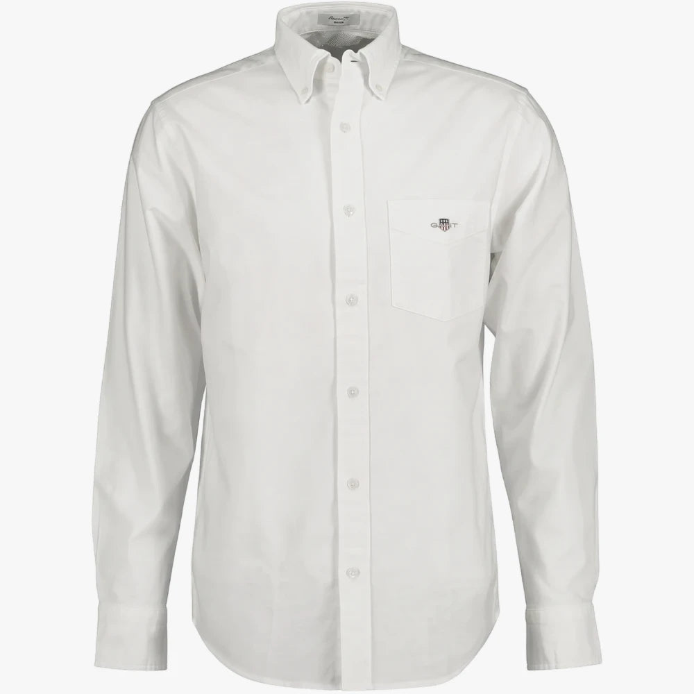 Gant Mens Regular Oxford Button-Down Long Sleeve Shirt in white, shown from the front with a chest pocket and buttoned cuffs.