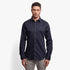 Gant Mens Slim Sateen Long Sleeve Shirt in dark blue, worn by a male model, showcasing its smooth fabric and fit.
