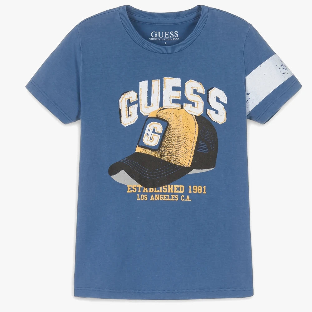 Guess Boys blue short sleeve t-shirt featuring a cap logo graphic and text, displayed flat.
