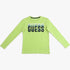 Bright green Guess boys long sleeve tee with a black and faded blue/green logo on the chest, laid flat.