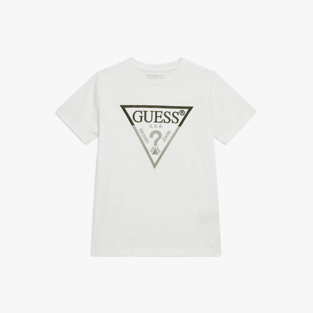 White Guess Boys short sleeve embroidered tee, featuring a prominent triangular brand logo on the chest, displayed front