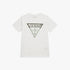 White Guess Boys short sleeve embroidered tee, featuring a prominent triangular brand logo on the chest, displayed front