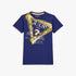 Dark blue Guess boys short sleeve t-shirt featuring a distinctive yellow and white branded logo on the front.