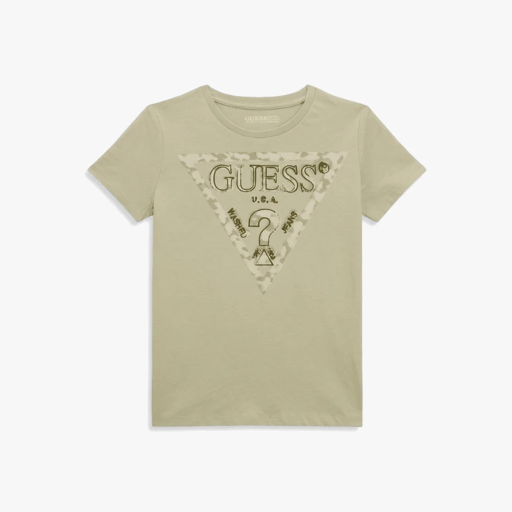 Guess Boys Short Sleeve Tee in light green, featuring the classic dark green triangle logo on the front, displayed as a flat