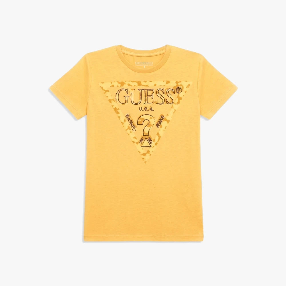 Guess Boys Short Sleeve Tee in vibrant yellow, featuring a classic crew neck and a prominent branded triangle logo on the