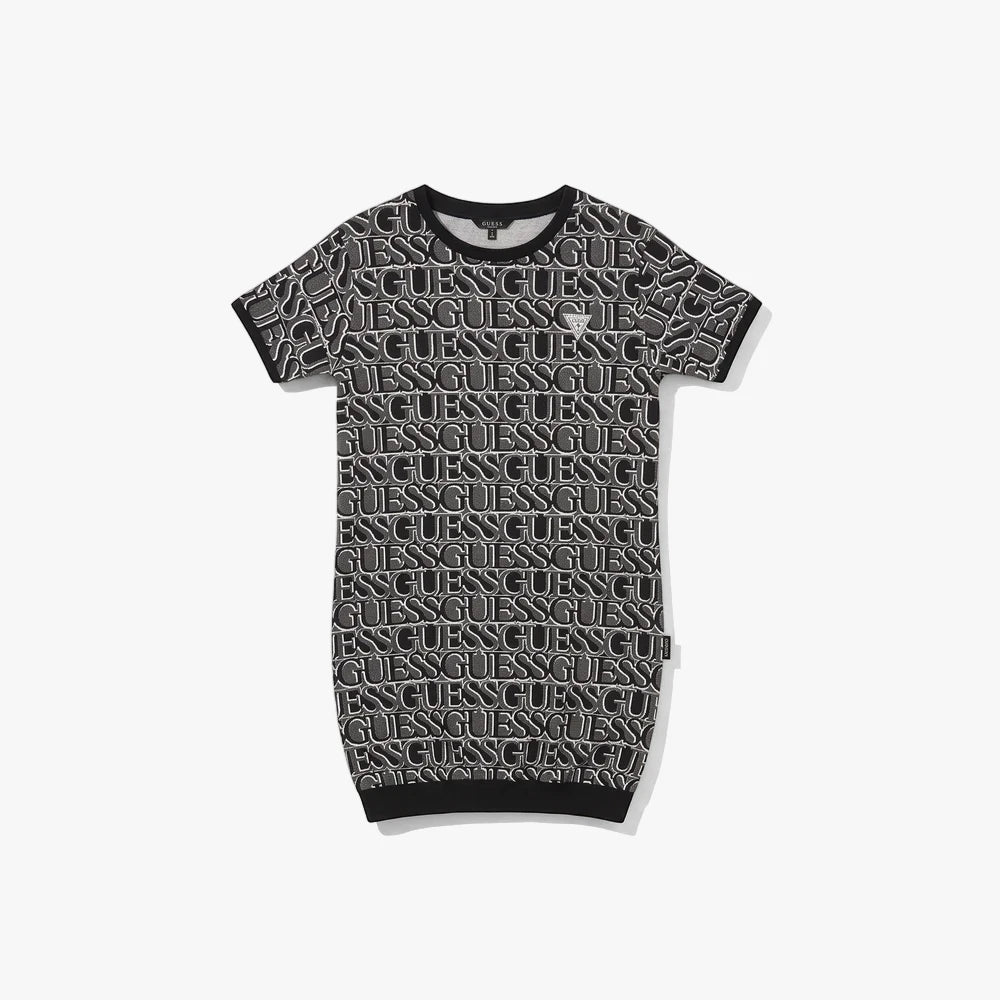Black and white Guess girls active dress in a flat lay view, featuring an an all-over Guess logo print and short sleeves.