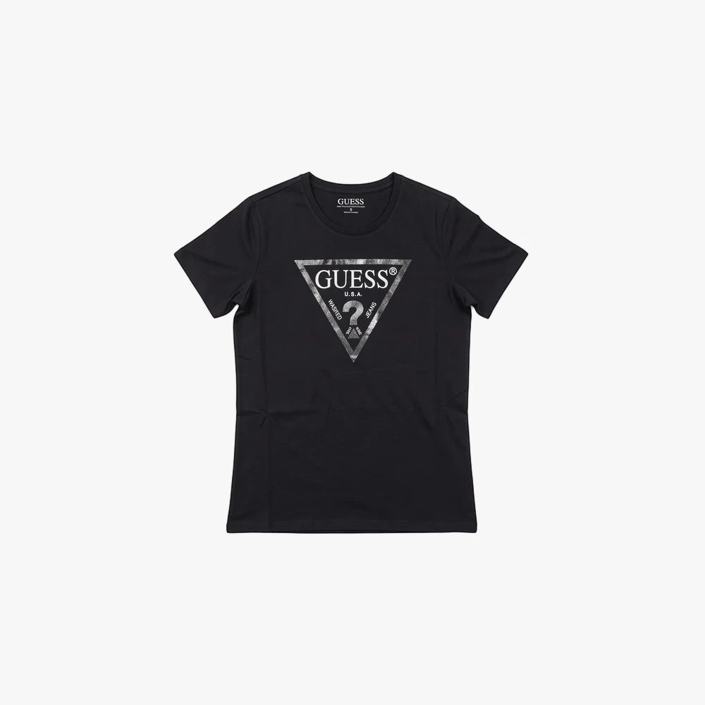 Black Guess Girls Core short sleeve t-shirt, front view, featuring the iconic silver and gray triangular logo on the chest.