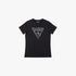 Black Guess Girls Core short sleeve t-shirt, front view, featuring the iconic silver and gray triangular logo on the chest.