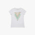 True white Guess Girls short sleeve tee featuring a metallic gold and mint green geometric floral logo design and a crew