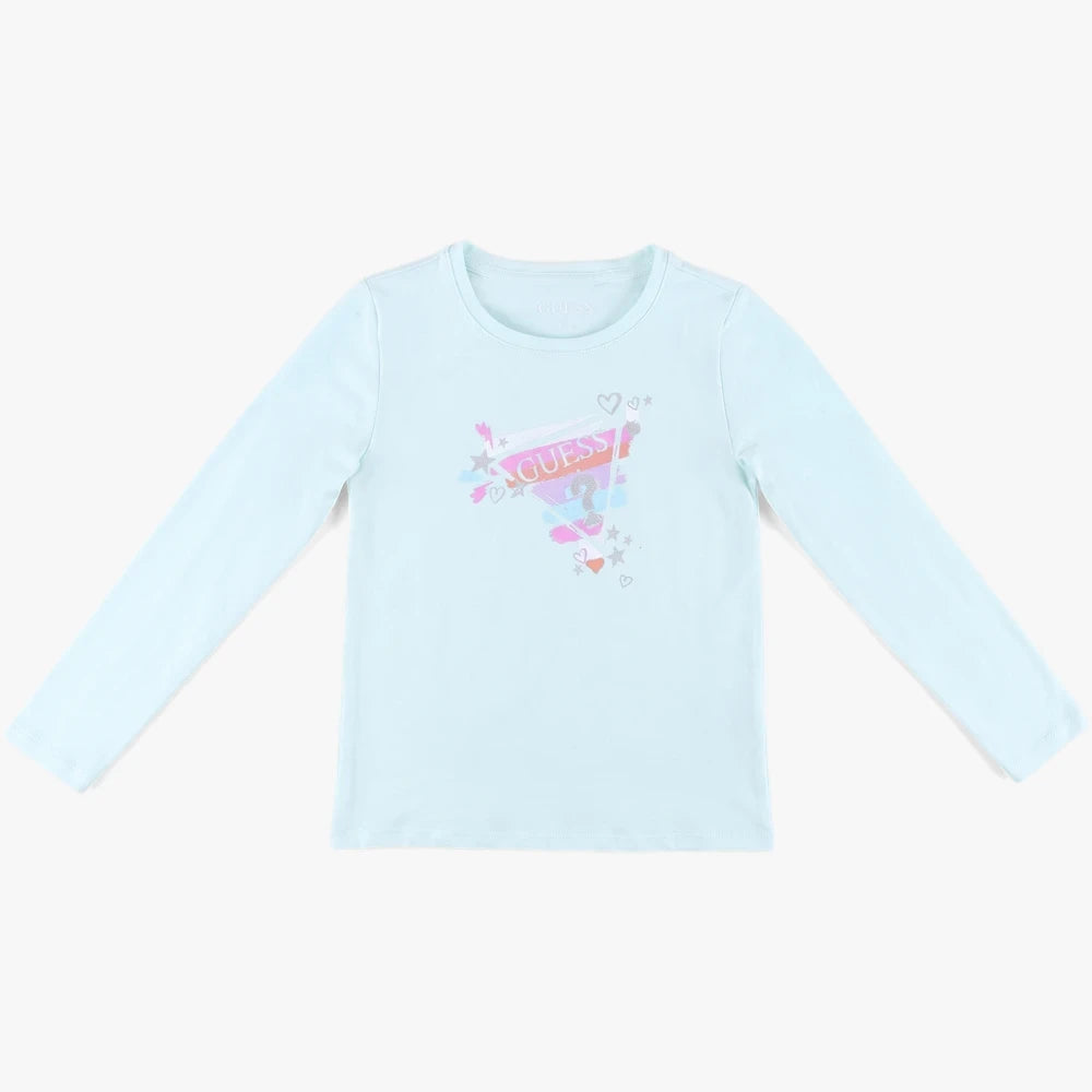 Light blue Guess girls long sleeve tee featuring a colorful graphic logo print on the chest, displayed flat lay.