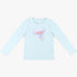 Light blue Guess girls long sleeve tee featuring a colorful graphic logo print on the chest, displayed flat lay.