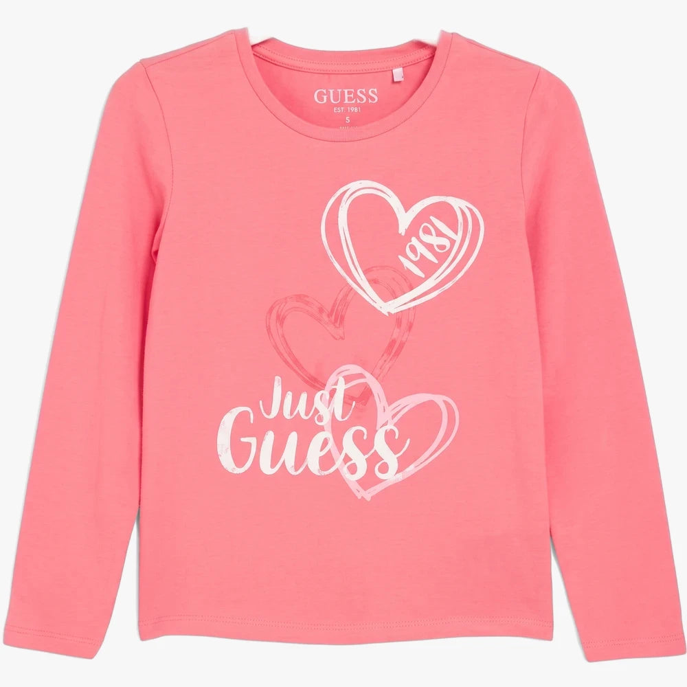 Guess Girls Long Sleeve Tee in medium pink, featuring a heart and &