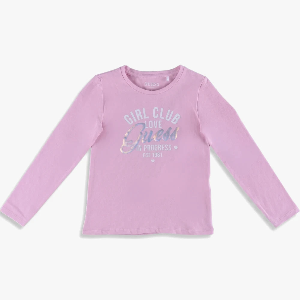 Guess Girls long sleeve tee in medium pink with a holographic &