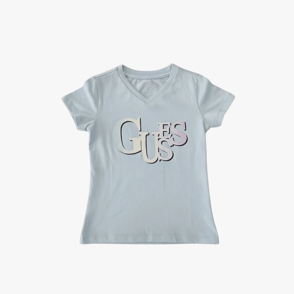 Light blue Guess Girls short sleeve v-neck t-shirt with a pastel rainbow &