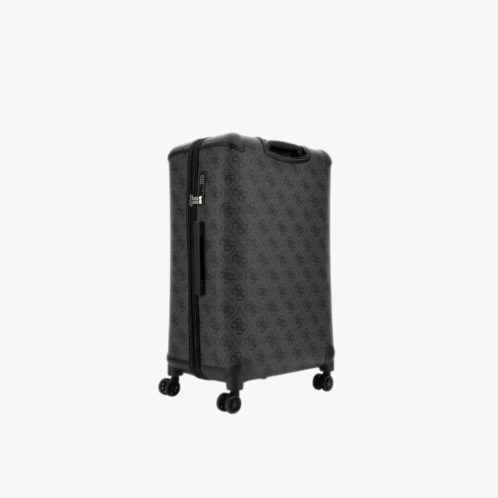 Dark grey Guess Kallisto 28 8 Wheeler Trolley Luggage Suitcase with monogram pattern, shown upright from a front-side view.