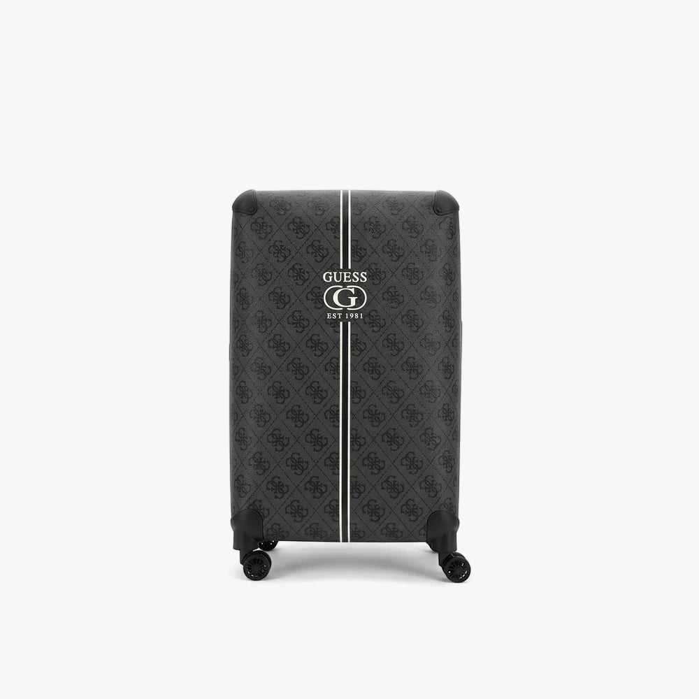 Charcoal Guess Kallisto 28 8-wheeler trolley luggage suitcase, featuring a prominent brand logo and patterned exterior,