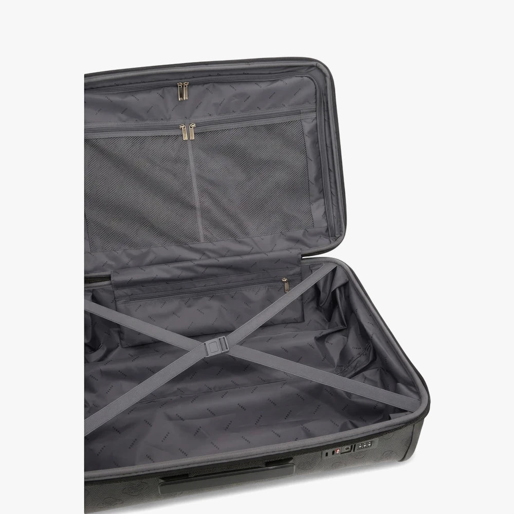 Guess Kallisto 28 8-wheeler trolley luggage suitcase in charcoal, showcasing its spacious open interior with mesh pocket and