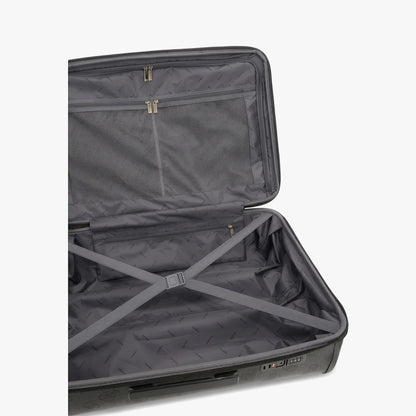 Guess Kallisto 28 8-wheeler trolley luggage suitcase in charcoal, showcasing its spacious open interior with mesh pocket and