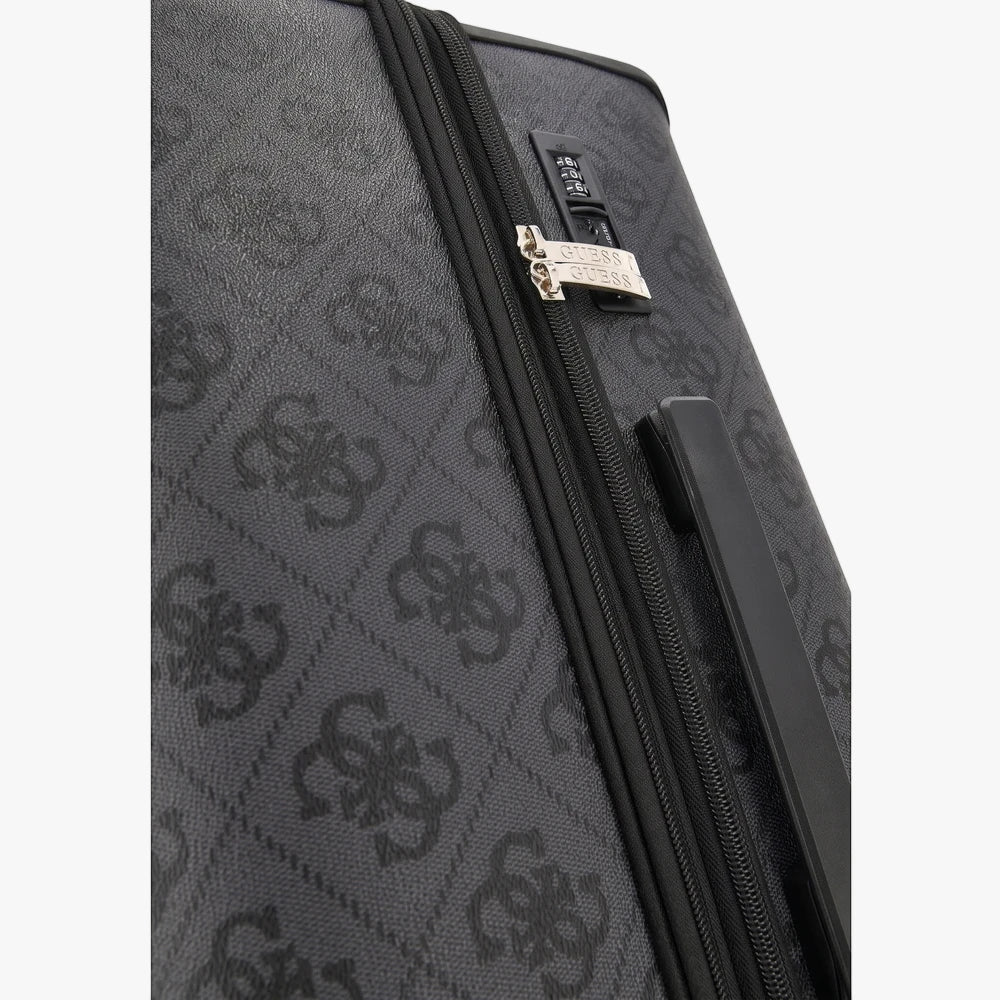 Charcoal black Guess Kallisto 28 8 Wheeler Trolley Luggage Suitcase with a patterned exterior, zipper, and combination lock